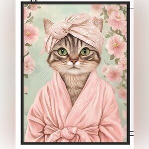 Chic Feline Wall Art - Pink Floral Framed 8x10